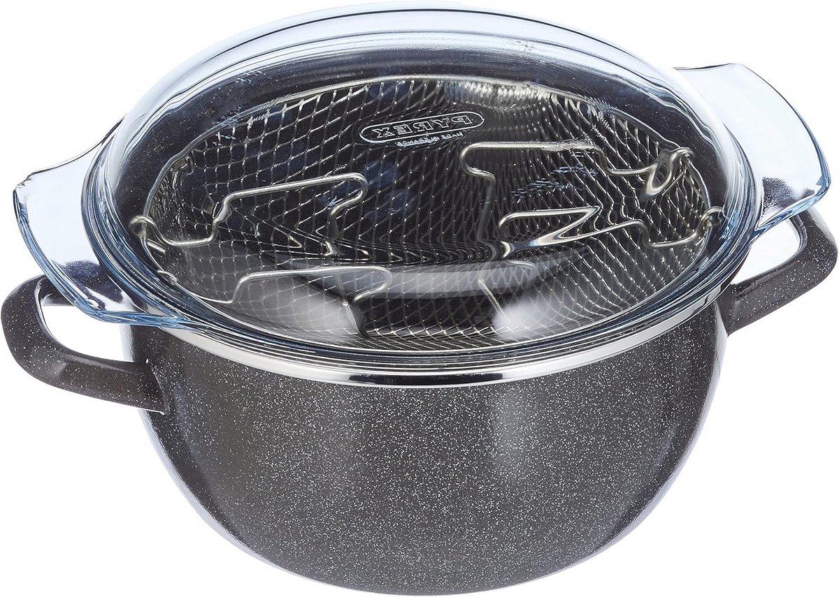 Friteuse 24 cm met Frituurmand - Geëmailleerde Coating, Vaatwasmachinebestendig, Geschikt voor Gas- en Glaskeramische Fornuizen