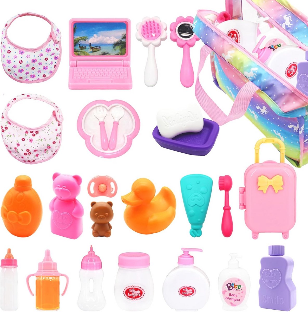 Image of 26 accessoires voor babypoppen - Voedingsset, Badset, Koffer en Laptop in draagtas