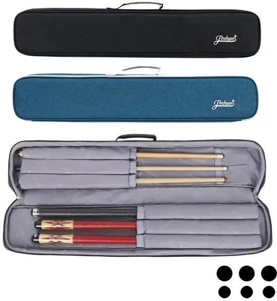 Sacs de billard Jinchuan noirs et bleu foncé, dont un ouvert avec 3+3 queues.
