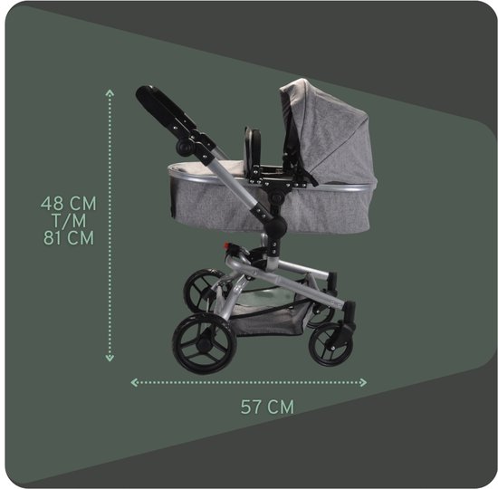 Grijze poppenwagen in reiswiegmodus met afmetingen 57 cm breed en 48-81 cm hoog.