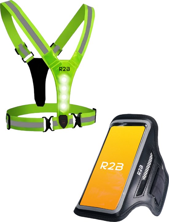 R2B Brassard Téléphone Étanche jusqu’à 6,5 pouces + Gilet de Running Réfléchissant avec Éclairage LED Rechargeable – Brassard Sport – Éclairage Course à Pied – Kit d’Urgence à Domicile – Incl. Câble USB-C