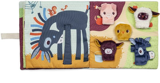 Openklapbaar babyboek met een ezel op de ene pagina en boerderijdieren vingerpoppetjes op de andere.