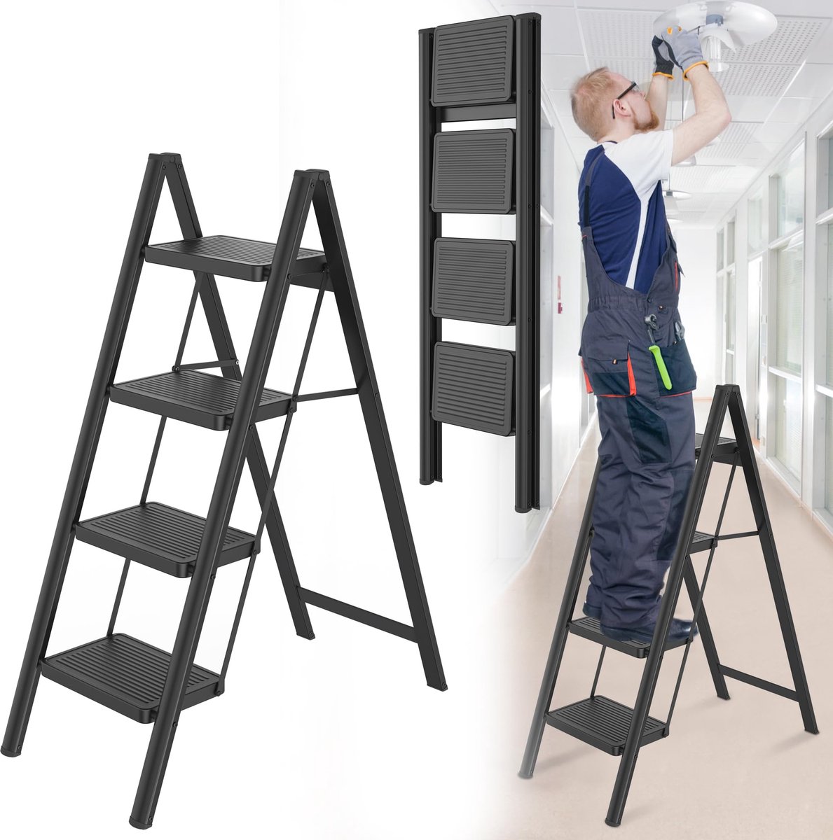Trapladder 4 Treden Ladder Opvouwbare Ladder Opstapje Antislip Trapladder Trapladder Huishoudtrap Met Antislip Pedaal Multifunctionele Trapladder 150 Kg Draagvermogen