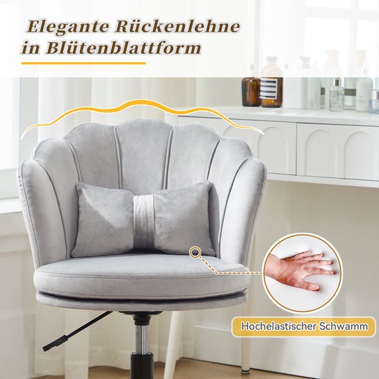 Chaise de bureau - chaise de maquillage - ergonomique - chaise en velours avec dossier en pétales - réglable en hauteur - chaise pivotante à roulettes - Grijs