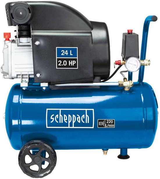 Scheppach compressor met 24L tank, 2.0 PK, blauwe tank en zwarte kap. Met wielen en drukregelaar.