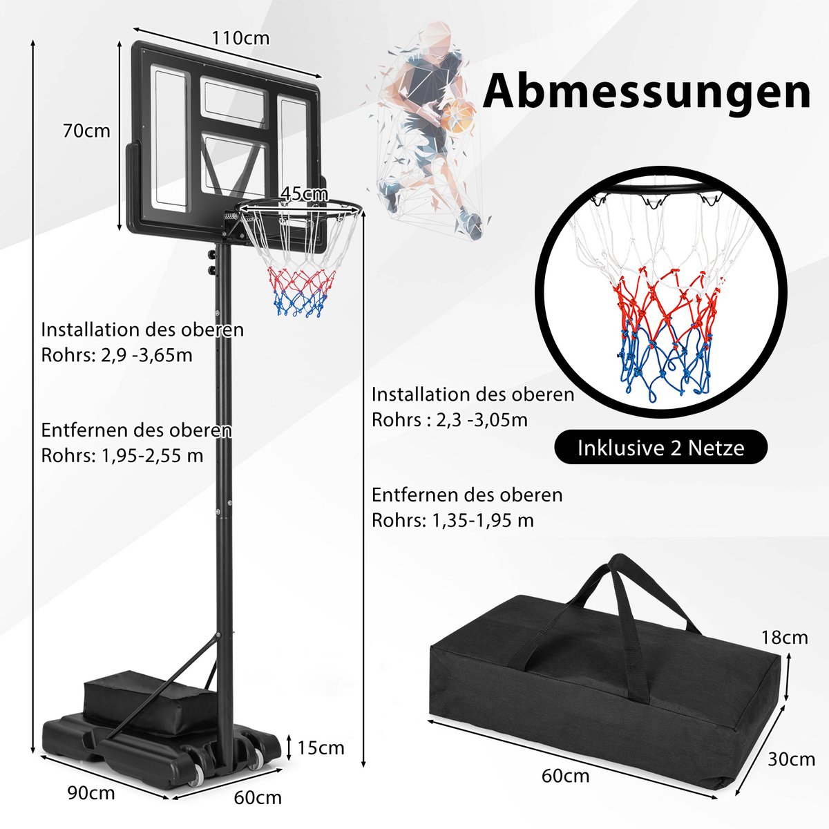 COSTWAY Basketbalkorf voor buiten, basketbalstandaard, 135-305 cm, in hoogte verstelbaar, basketbalkorf met standaard, 2 netten en gewichtstas, mobiele korf, basketbalinstallatie voor kinderen en
