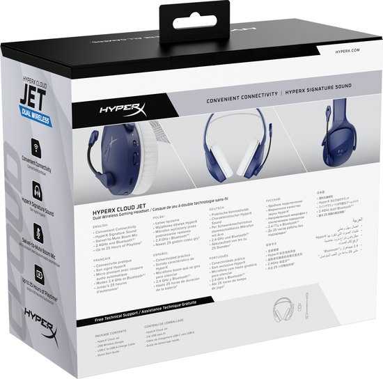 Verpakking en inhoud van de HyperX Cloud Jet Dual Wireless headset in het blauw.