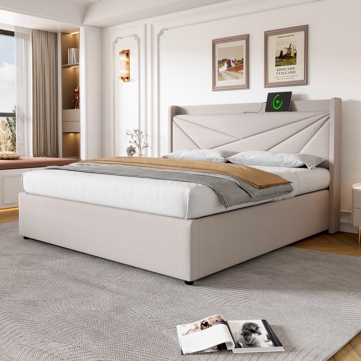 Gepolsterd tweepersoonsbed met opbergruimte onderbed en USB Type C-oplader hoofdeinde, opbergbedden bedframe van linnen materiaal jeugdbed 160x200 met lattenbodem (zonder matras) beige