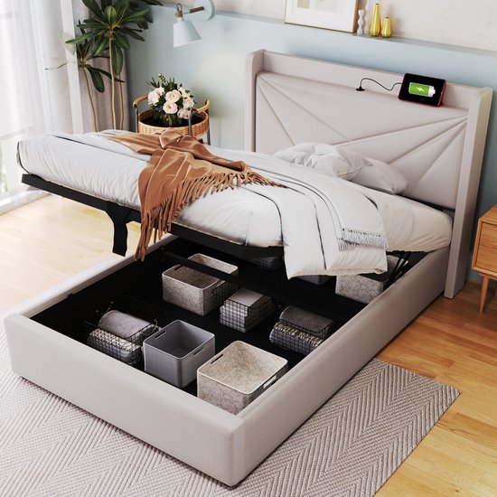 Lit simple rembourré avec espace de rangement sous le lit et tête de lit chargeur USB Type C, lits de rangement cadre de lit en matière lin lit jeune 90x200 avec sommier à lattes (sans matelas) beige