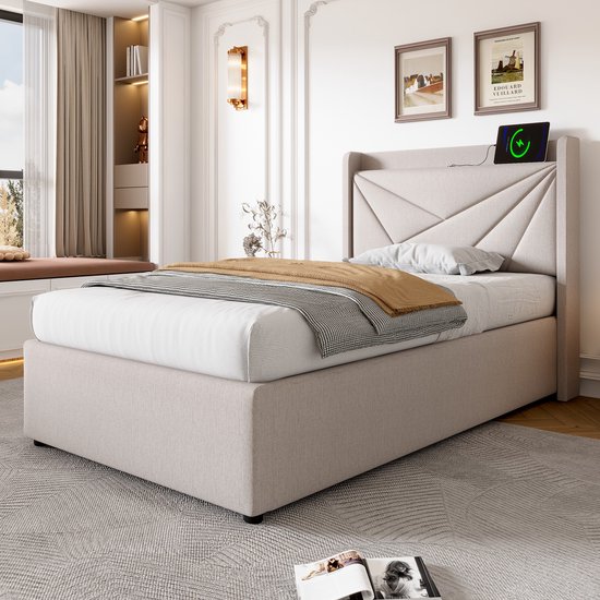 Lit simple rembourré avec espace de rangement sous le lit et tête de lit chargeur USB Type C, lits de rangement cadre de lit en matière lin lit jeune 90x200 avec sommier à lattes (sans matelas) beige