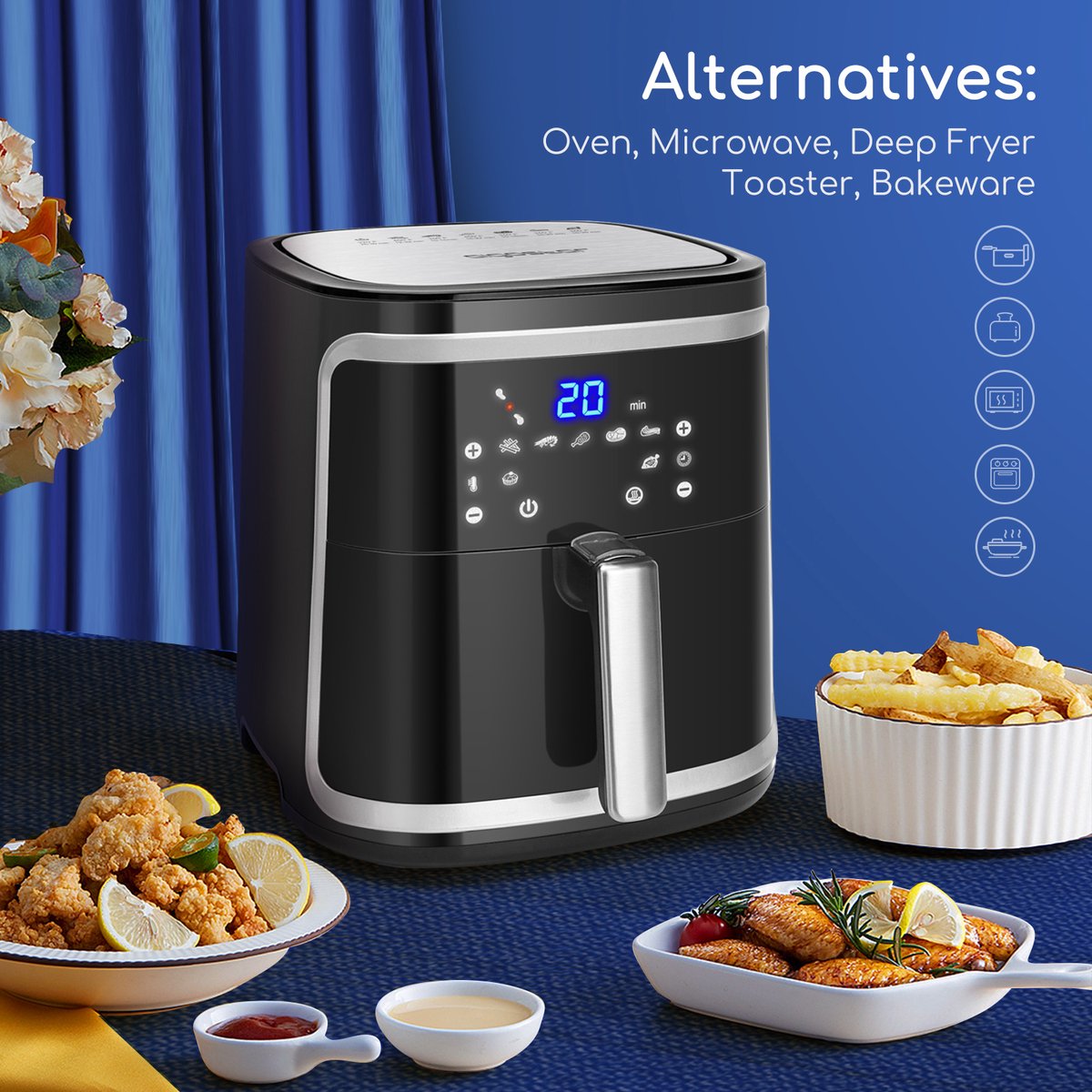 Afbeelding 3 van Aigostar 30IBT - Airfryer XXL met Olijfolie Sprayer - Heteluchtfriteuse - Groot 7 liter - Digitaal display - 1600 gr friet - Inclusief airfryer kookboek - 7 programma's - 1900 W - Zwart