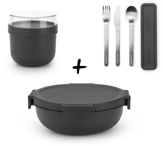 Set Brabantia Make & Take - Boîte à lunch salade + Set de couverts 3 pièces + Pot à yaourt - Gris foncé
