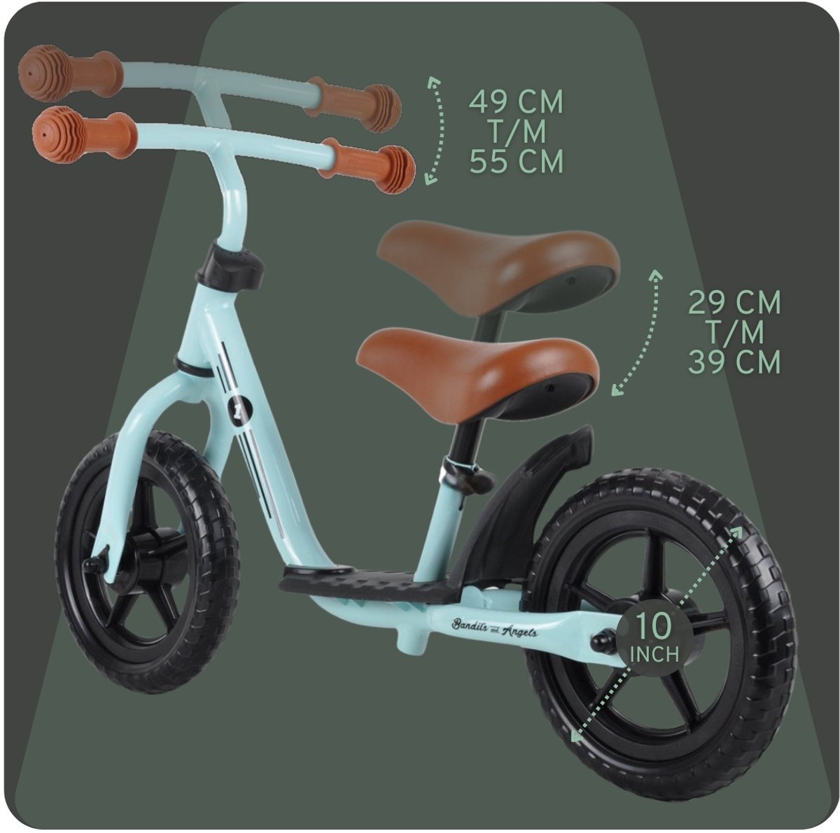 Bandits & Angels Metalen Loopfiets Starter Mintgroen met Voetenplank vanaf 2 Jaar - Limited Edition - Mintgroene Loop Fiets - Verstelbaar Zadel 29 tot 39 cm - Voor Jongens en Meisjes - Compact en Veilig - Lage Instap met Voetenplank — afbeelding 6