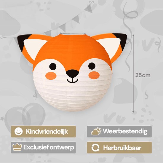 Oranje papieren voslampion, 25 cm hoog, kindvriendelijk, weerbestendig en herbruikbaar.