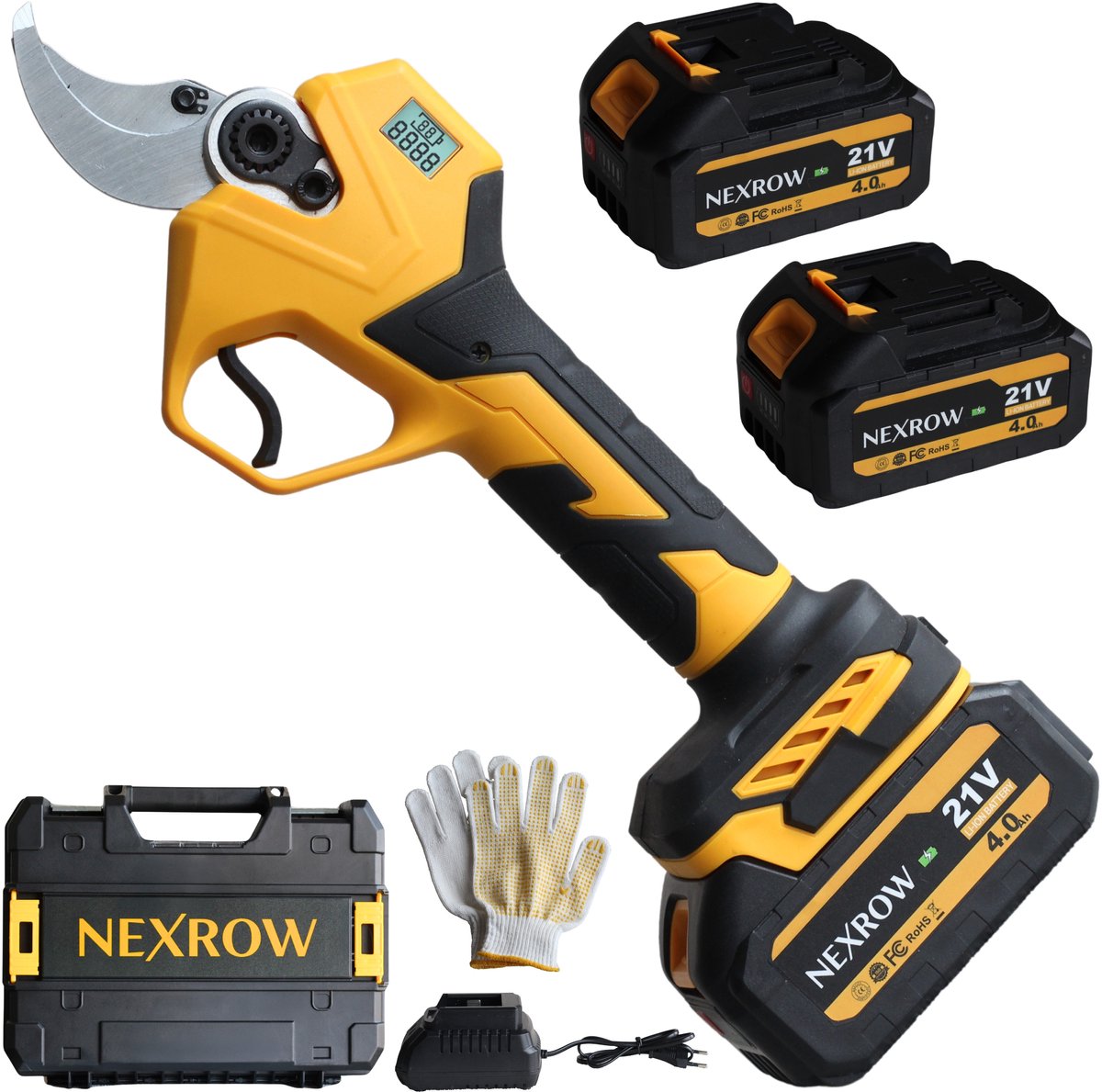 NEXROW® Elektrische Snoeischaar Incl. Opbergkoffer en 2x 4.0ah Accu’s - 40mm Snijdiameter - Professioneel Heggenschaar op Batterij - Draadloos Elektrisch Takkenschaar - Tuin Snoei Schaar voor Knippen & Snoeien van Heggen & Takken - Tuinschaar