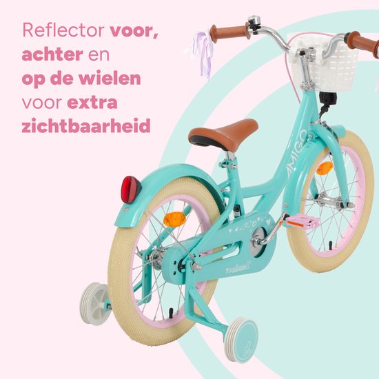 Vélo Enfant Fille AMIGO Perfect 12/14/16 Pouces – Freins V Et Rétropédalage, Roues Stabilisatrices, Panier, Guidon Rembourré, Dès 3 Ans