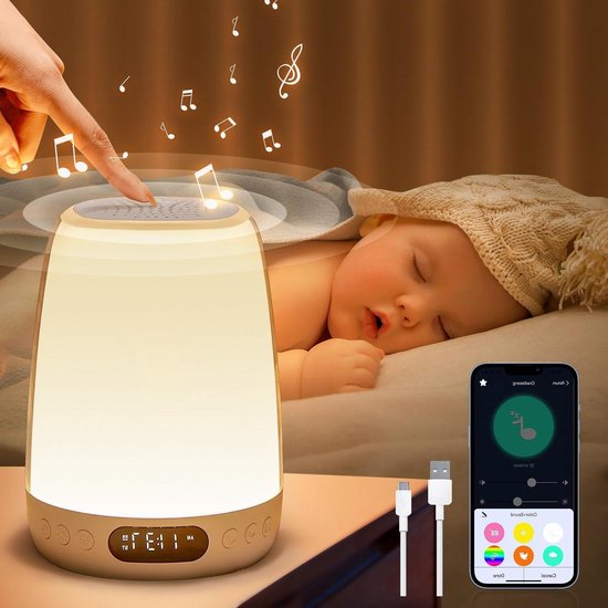 Nachtlampje met lichtwekker app RGB+10 helderheden aanraakdimbaar 14 White Noise bij borstvoeding - 3000 mAh