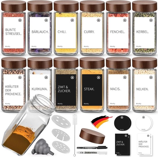 Kruidenpotjes, vierkant, met strooiinzetstuk, 12 glazen kruidenstrooiers, 120 ml, keukenaccessoires, kruidenorganizer, kruidenpotjes met houten deksel, kruidenpotje met kruidenetiketten