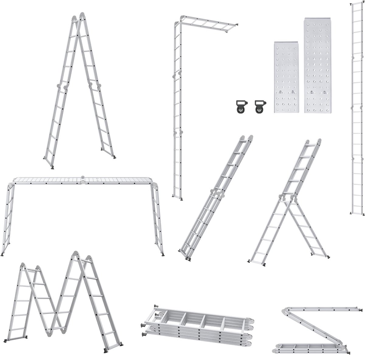 Aufun 6-in-1 multifunctionele ladder - aluminium - met platform - 5,5 m - vouwladder - draagvermogen 150 kg - 4 treden - met 2 steigerplaten