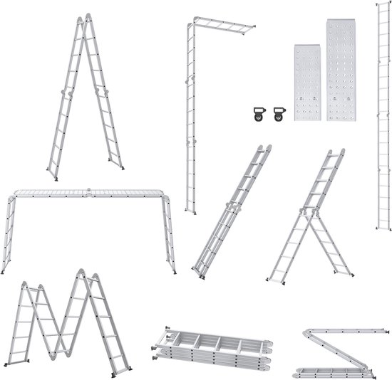 Ikodm 4 x 5 multifunctionele ladder 5,82 m 7-in-1 aluminium tot 150 kg met 2 transportwielen en 2 platforms, scharnierladder, vouwladder, staande ladder