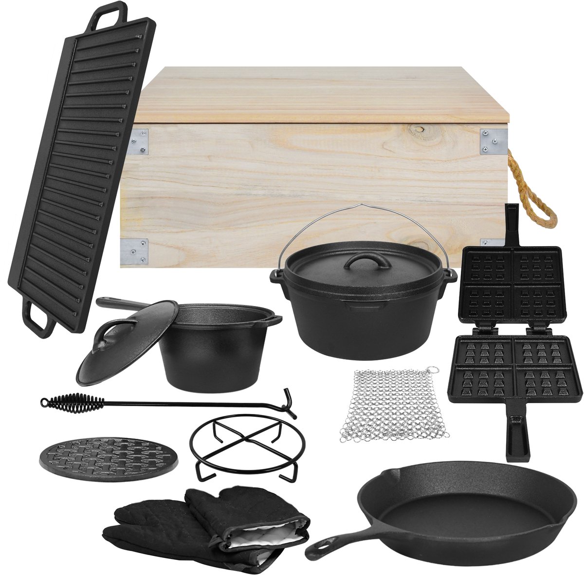 Nederlandse oven ingesteld in houten doos 11-delige kok set gietijzeren grillplaat vuurpot set