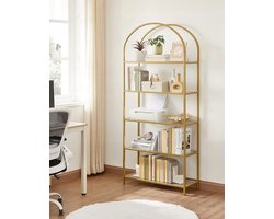 Glazen Vitrinekast Goud – 5 Planken – Gepoedercoat Staal – Boekenrek – Badkamerkast – Opbergrek – Modern Design – Stabiel Frame – Voor Woonkamer, Slaapkamer, Keuken, Thuiskantoor