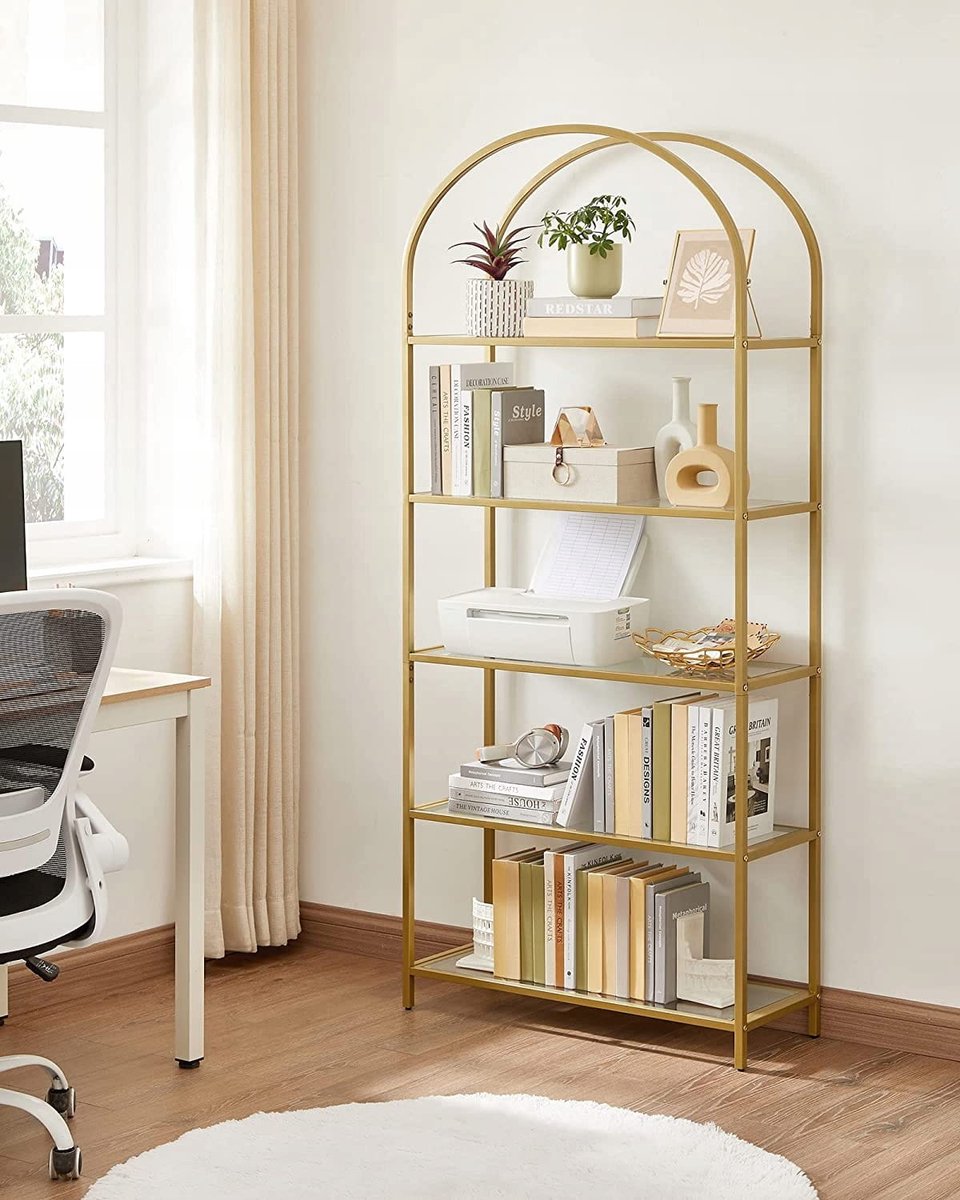 Glazen Vitrinekast Goud – 5 Planken – Gepoedercoat Staal – Boekenrek – Badkamerkast – Opbergrek – Modern Design – Stabiel Frame – Voor Woonkamer, Slaapkamer, Keuken, Thuiskantoor