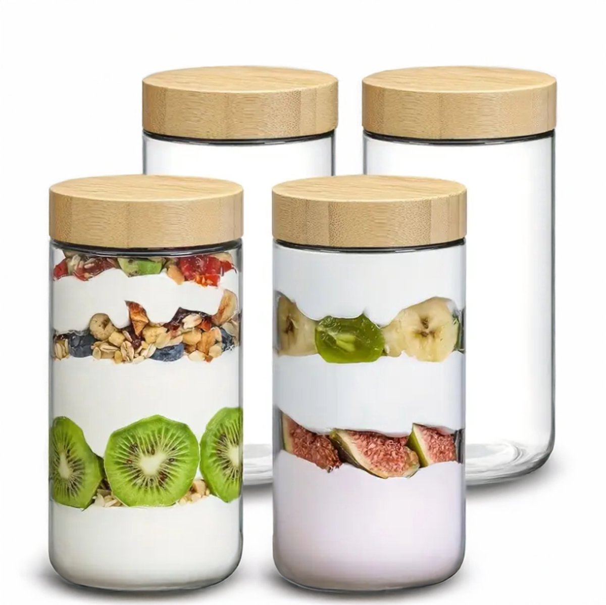 Dutchers.® Potjes van Glas - 4 Stuks - 680ml - Glazen Potten met Deksel - Overnight Oats - Muesli Beker - Hygiënisch - Lunchpot - Yoghurtbeker - Beker To Go - Milieuvriendelijk - Glas & Bamboe - Sterk Sluitsysteem - Ontbijt & Lunch - Luchtdicht