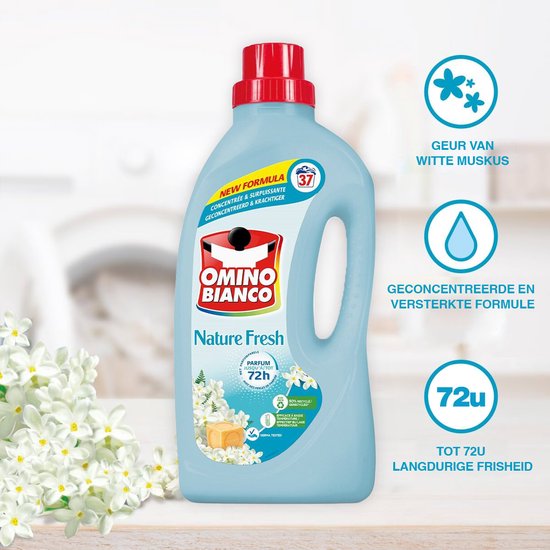 Een fles Omino Bianco Nature Fresh vloeibaar wasmiddel met de tekst 'Tot 72u langdurige frisheid'. Iconen tonen: geur van witte muskus, geconcentreerde en versterkte formule.
