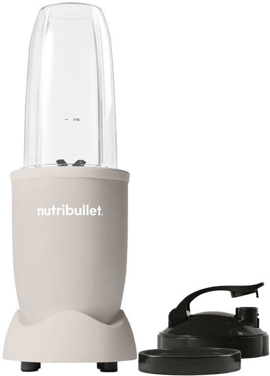 Linnen beige Nutribullet met lege, transparante beker, zwart deksel en zwarte rand.