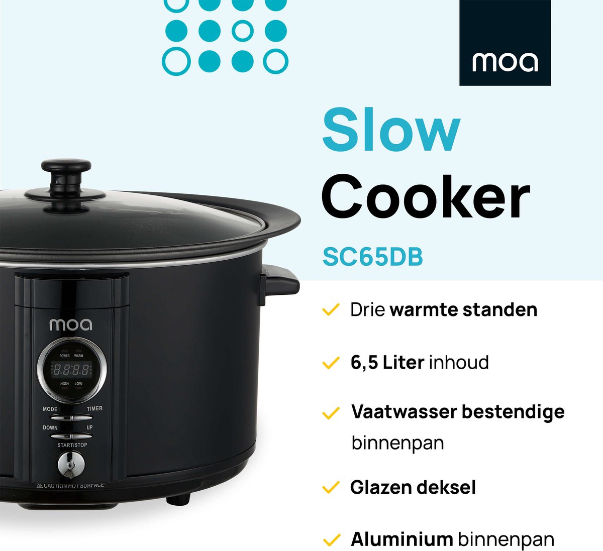 Afbeelding 2 van MOA Slowcooker met Timer - 6,5L - Ø 24,5cm - Aluminium Binnenpan - Doorzichtige Deksel - 3 Warmtestanden - Vaatwasserbestendig - BPA-Vrij - Zwart