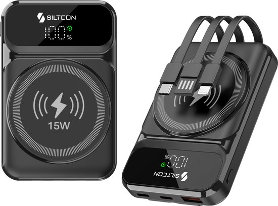 Siltcon® 7-in-1 Draadloze Powerbank 10000 mAh - Magsafe Powerbank 15W Geschikt - Draadloze Oplader Iphone Geschikt - 22.5W Snelladen - LED-Display - USB-C - IPhone 12/13/14/15/16 Geschikt - 3 Geïntegreerde Kabels - Extra Compact - Zwart