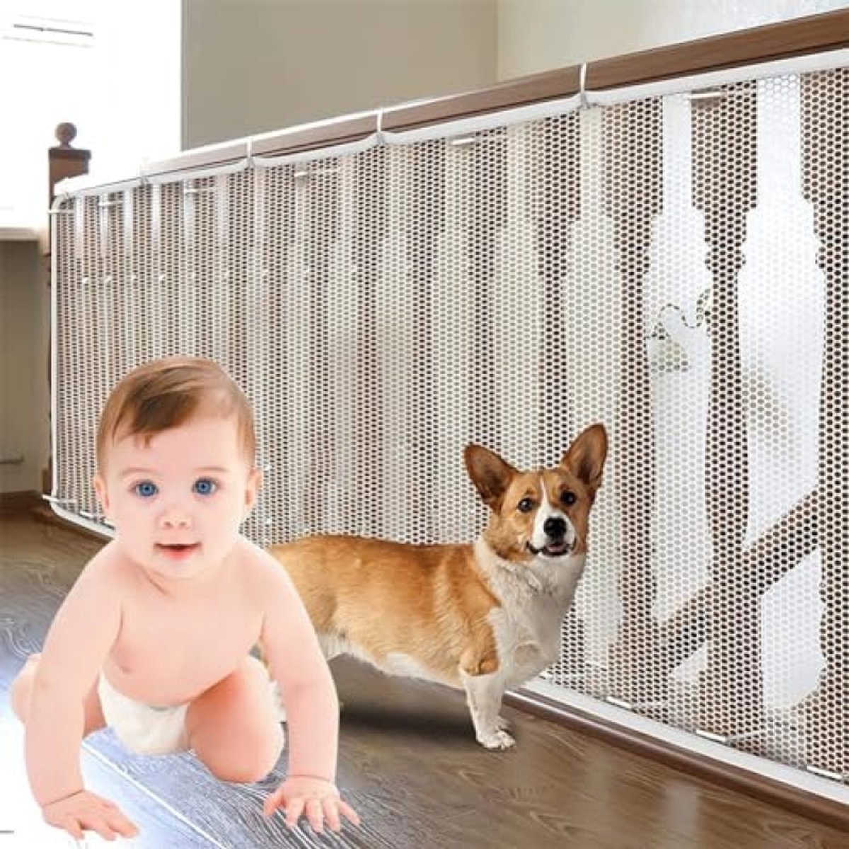 PolkaHome Veiligheidsnet voor Trappen - Kinderbeveiliging Net voor Balustrades, Balkons en Hekken - Wit - 3m x 79cm - Inclusief Kabelbinders en Nylon Touwen