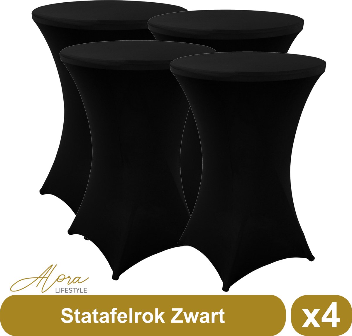 Alora Statafelrok zwart 80 cm - per 4 - partytafel - Alora tafelrok voor statafel - Statafelhoes - Bruiloft - Cocktailparty - Stretch Rok - Set van 4