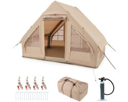 Tent - Luxe Tent - Familietent - Opblaasbare Kampeertent – 4-Persoons Familietent – Glamping Tent – Met Luchtpomp – Luxe Outdoor Tent – Waterdicht – Snel Opblaasbaar – Incl. Draagtas & Accessoires – Beige – 295x202x200 cm – Sterk & Duurzaam