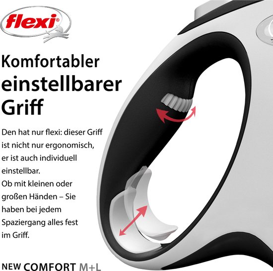 Gros plan de la laisse enrouleur Flexi New Comfort, axé sur la poignée confortable et réglable.