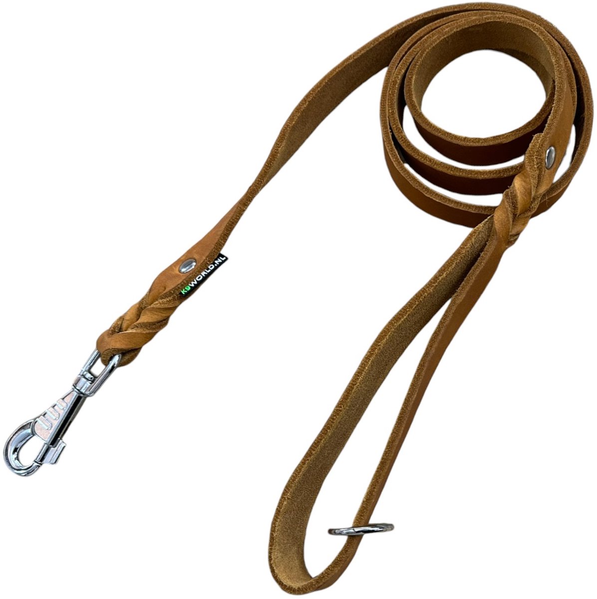 K9 World, hondenriem, cognac bruin, met handvat, 3 meter lang, verchroomd musketon