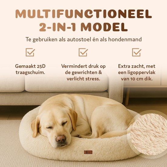 Siège auto Pet Perfect Fluffy pour chien - Panier de voiture avec sangles de sécurité - Panier 2 en 1 pour chien - Orthopédique - Antidérapant - Taille L - Beige