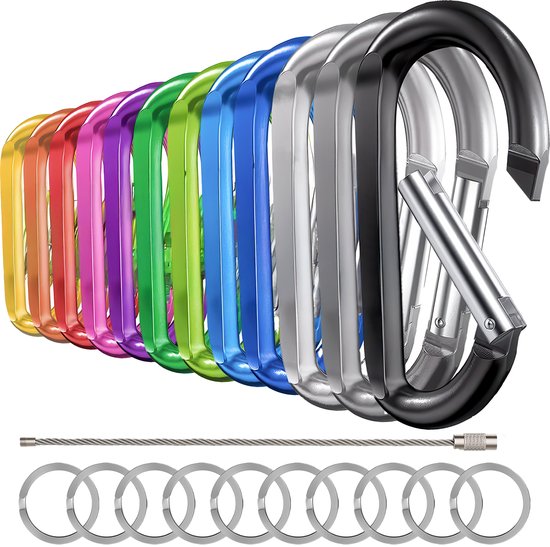 12 Stuks 78mm Multikleur Karabijnhaken Set met Sleutelringen - Carabijn Musketonhaak Sleutelhangers voor Volwassenen - D Carabiners - Karabijn haak Keychain - Karabijnsluitingen ringetjes - DIY Hobby Musketon Sluiting - Mini Karabiners - Carabijnhaak