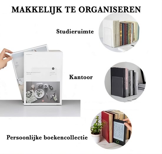 Collage van transparante boekensteunen die boeken organiseren in een studeerkamer, kantoor en op een bureau.