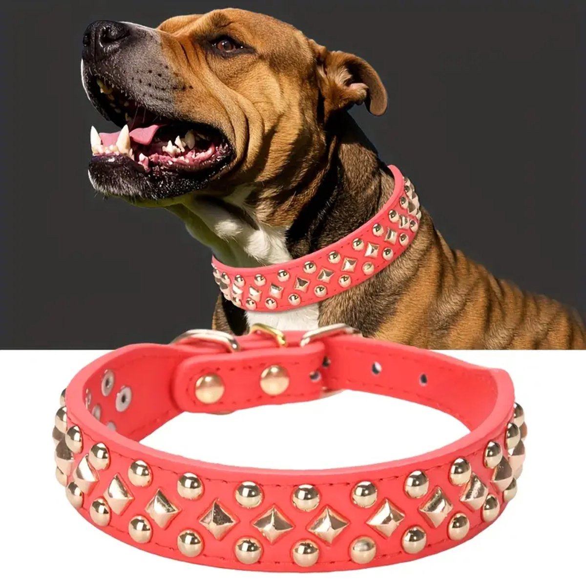 Hondenhalsband Roze Leer met Studs - Leren Hondenhalsband met Studs - Roze Halsband - Maat M - Luxe stevige hondenhalsband -Petshop Seven®