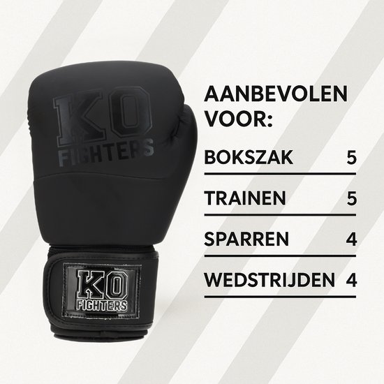 Zwarte bokshandschoenen met 'KO FIGHTERS' logo en aanbevelingen voor bokszak, trainen, sparren, wedstrijden.