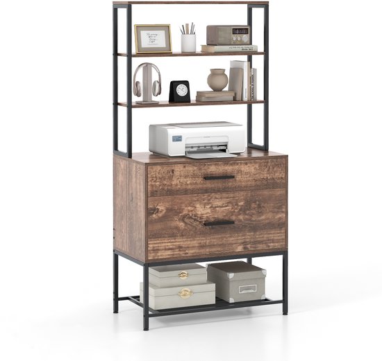 Opbergkast in rustiek bruin met 3 open planken, 2 laden, een printer en decoraties op de bovenste planken.