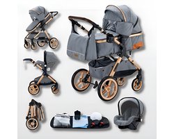 Kinderwagen 3 in 1 Grijs - incl. Àutostoel - 0-25kg - Luiertas- XXL - Buggy 3in1 - Verstelbare duwstang - Opvouwbaar - Wandelwagen - XXL zonnekap - Rubberen wielen - Reiswieg- 8 cadeaus- Elovia
