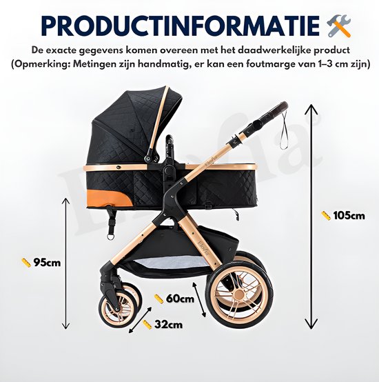 Zwarte kinderwagen met gouden accenten en bruine duwstang. Afmetingen: 95cm, 105cm, 60cm, 32cm.