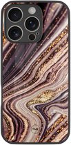 Hoesje geschikt voor Apple iPhone 16 Pro - Golden pink marble - Roze - TPU luxe case (glossy toplaag) - Marmer - Hardcase backcover zwart