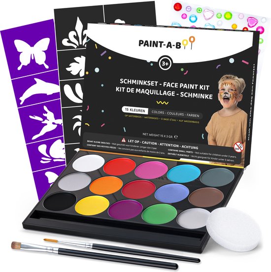 Paintaboo Schminkset Kinderen op Waterbasis – Met 30 Voorbeelden - Schmink Voor 45 Gezichten – Incl. Sjablonen Glitters Penselen en Spons – 15 Kleuren - Sinterklaas