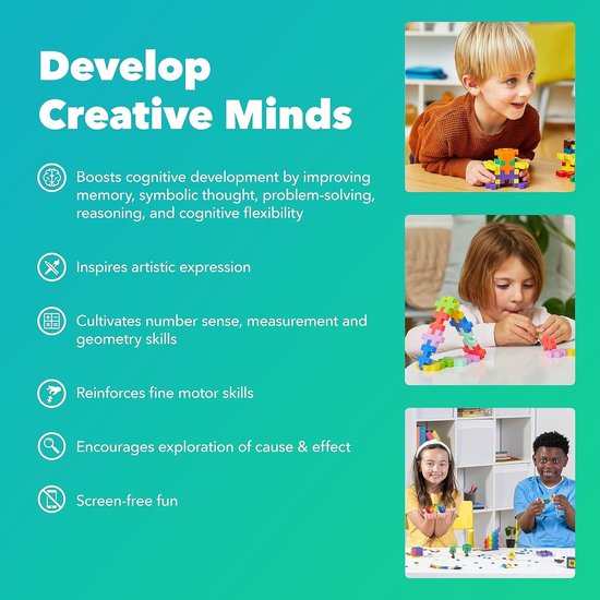 Ontwikkel creatieve geesten: afbeeldingen van kinderen die spelen met Plus-Plus bouwstenen, met tekst over cognitieve ontwikkeling en fijne motoriek.