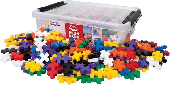 Plus-Plus BIG Basic Mix in opbergbox met 200 stukjes in diverse kleuren: rood, blauw, groen, geel, oranje, paars, wit en zwart.