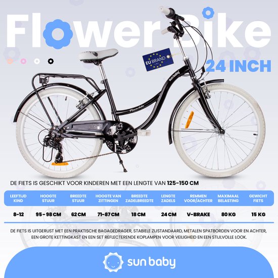 Flower Bike Kinderfiets 24 inch meisjes van 8 tot 12 jaar, Zwart, Fiets voor een meisje met 7 versnellingen, bagagedrager, metalen spatborden, V-brake, kettingkast — afbeelding 3